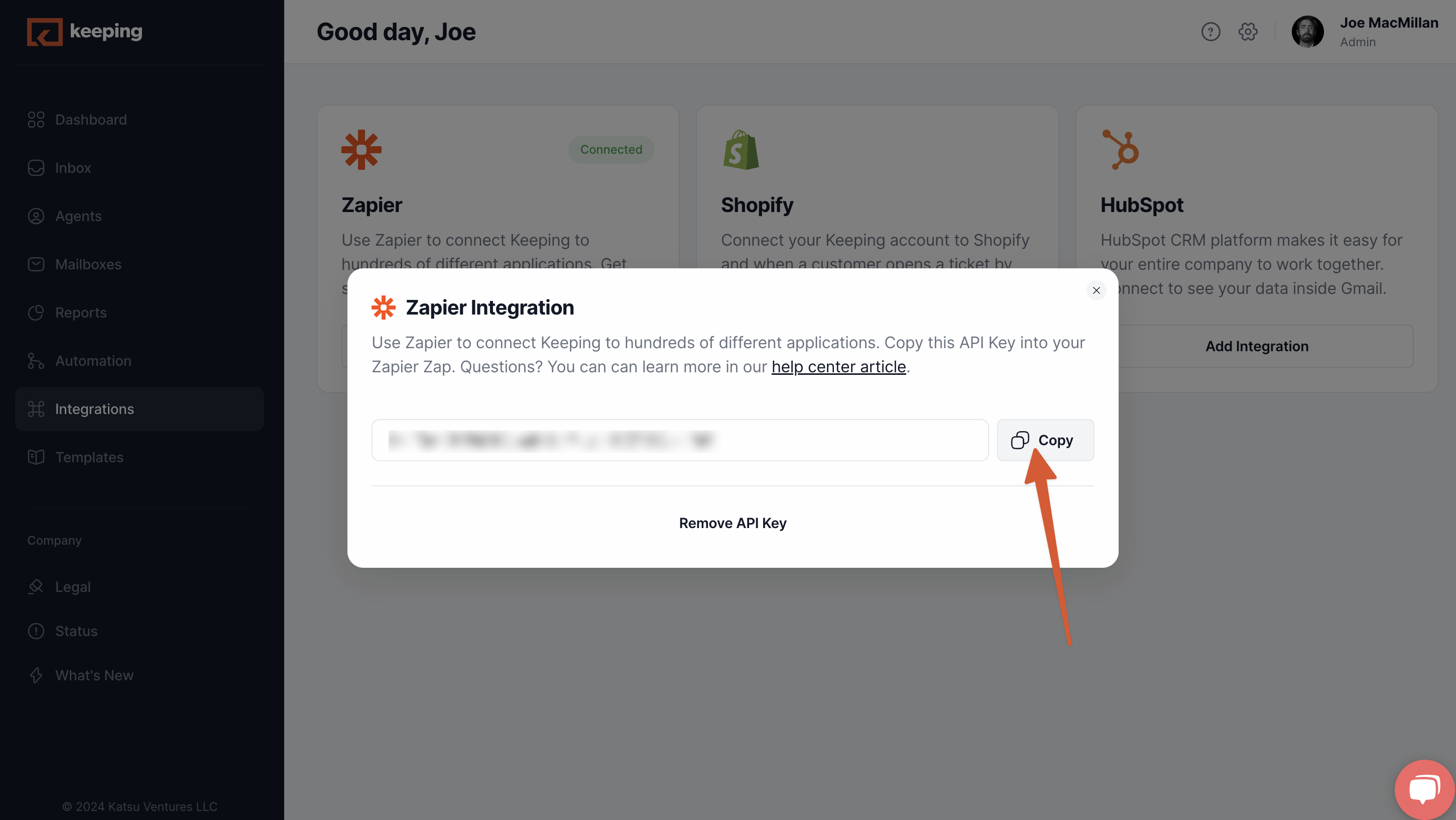 Copy Your API Key for Zapier
